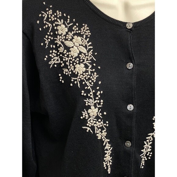 Chelsea Cambell Silk Cotton Blend black cream embroidered Cardigan Sweater Sz M - Picture 3 of 8